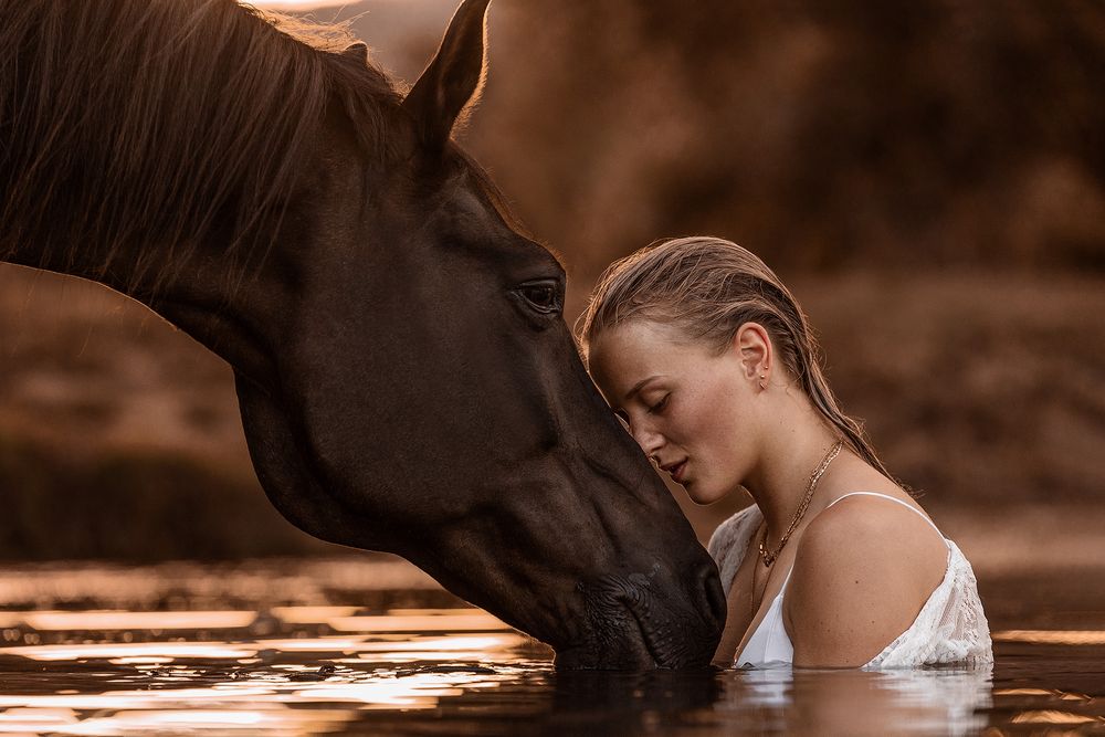Frau und Pferd innig zusammen im Wasser