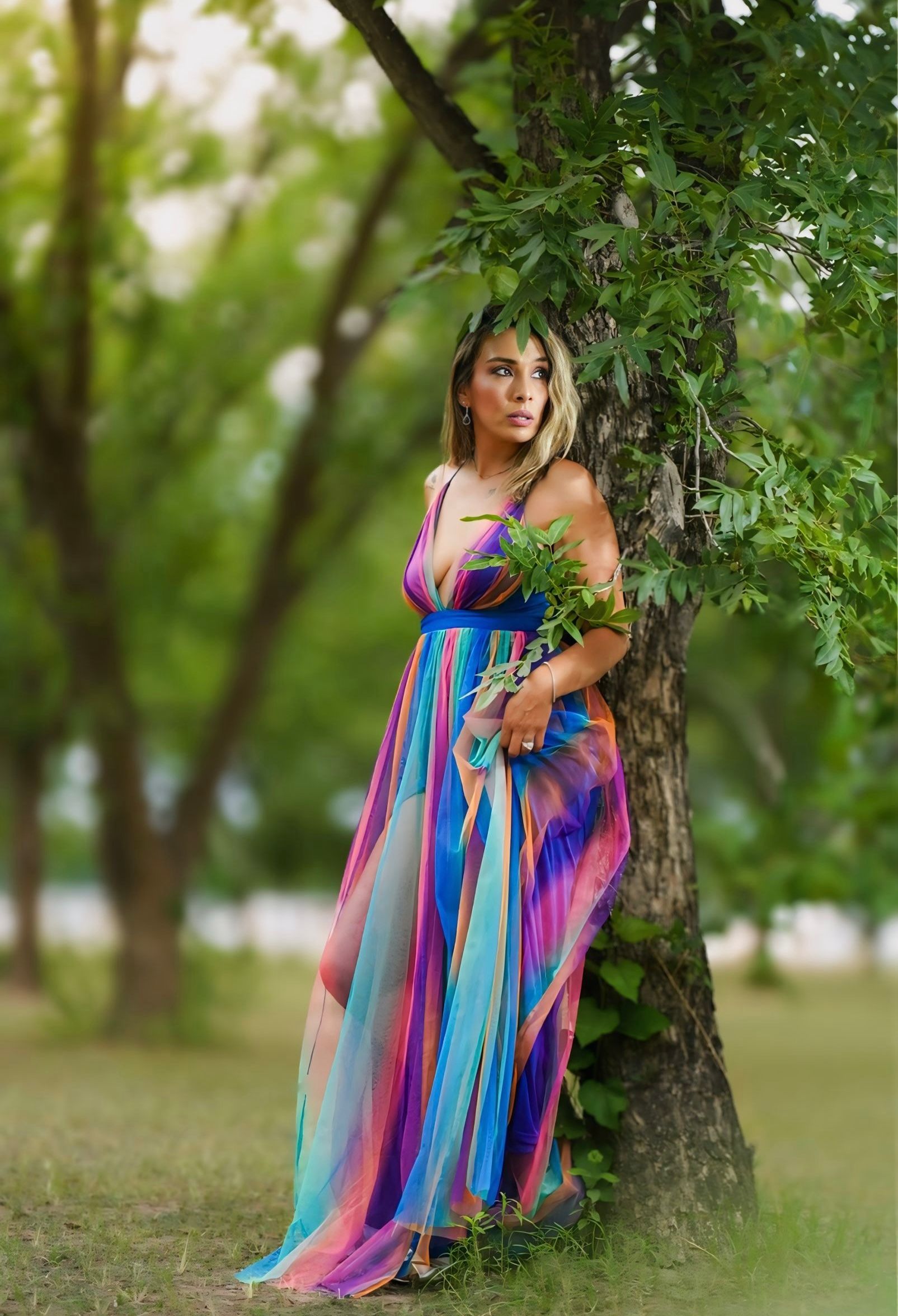 A flowing rainbow-colored maxi dress creates an ethereal look against a leafy green nature backdrop in summer.