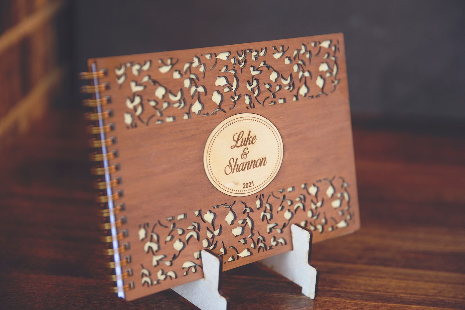 Personalized wooden laser-cut wedding guest book for Luke and Shannon 2021.