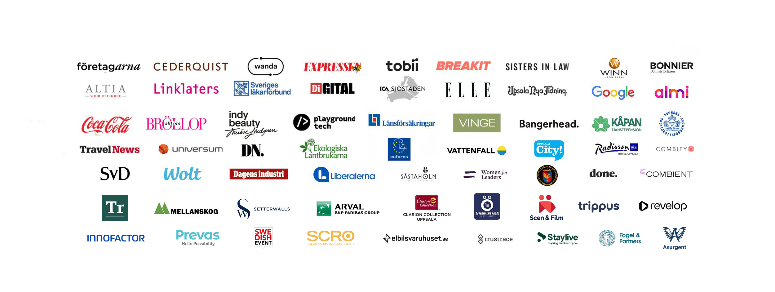 Samling av kända varumärkeslogotyper inklusive Coca-Cola, Google, ELLE och andra stora företagsikoner ordnade i rader.