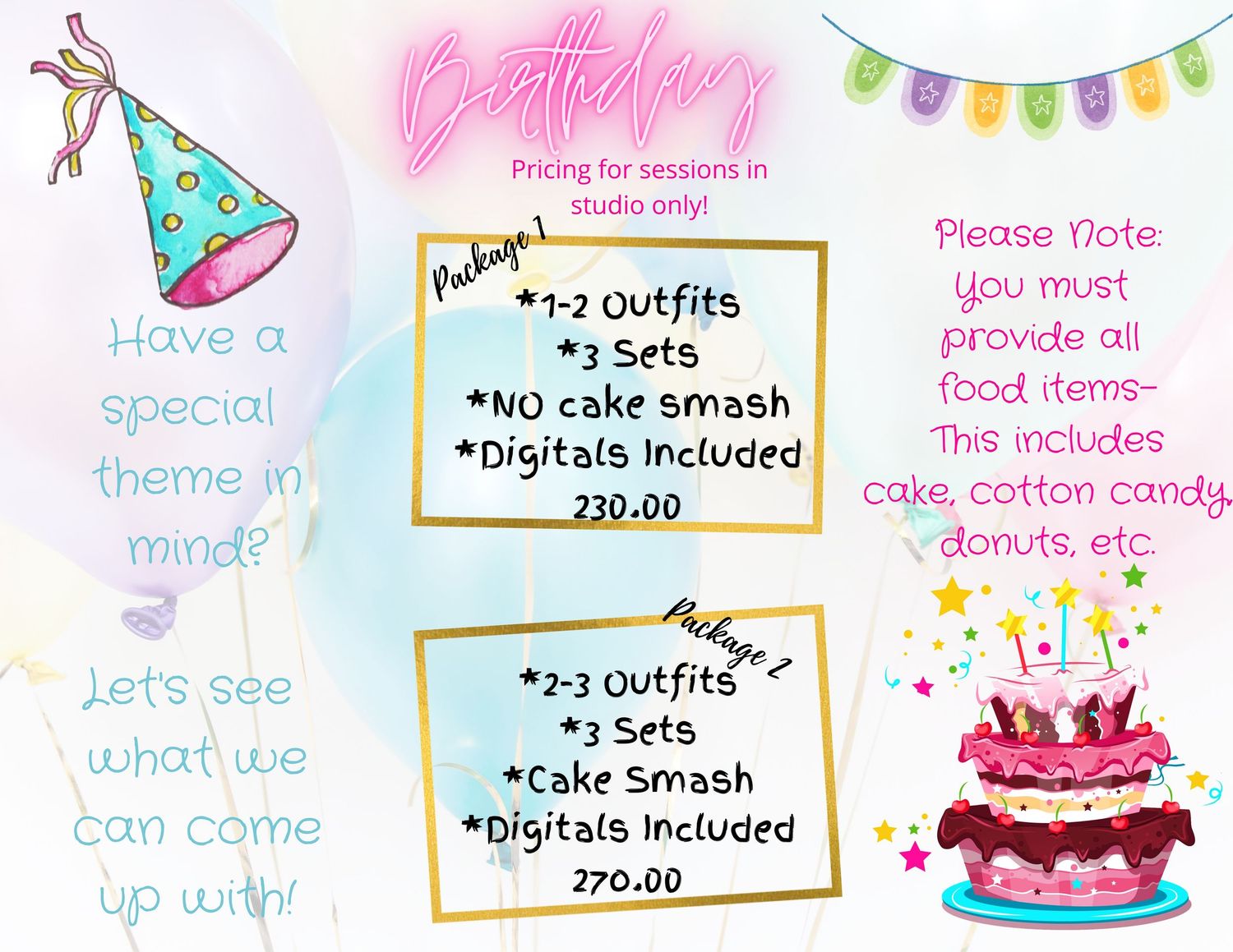 Colorful birthday party pricing menu with illustrated cake and party decorations.