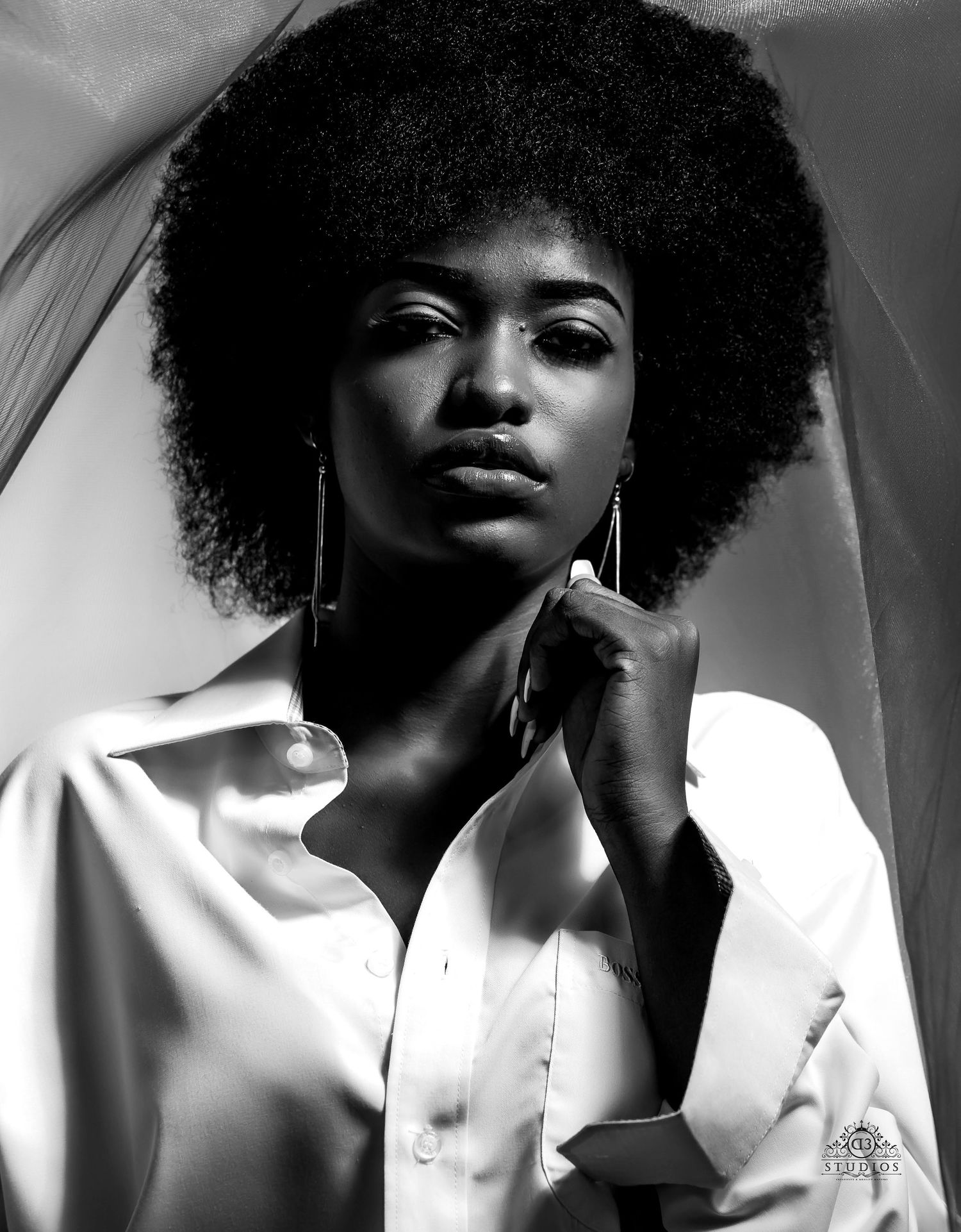 Dramatic black and white portrait featuring natural afro hair and elegant white attire.