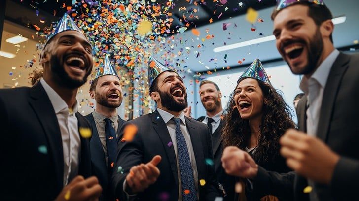Group of people celebrating with confetti falling in an office environment during a joyous moment.