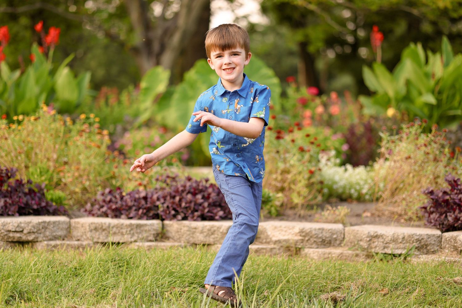 Young boy in denim playing and dancing in a vibrant garden with red flowers.