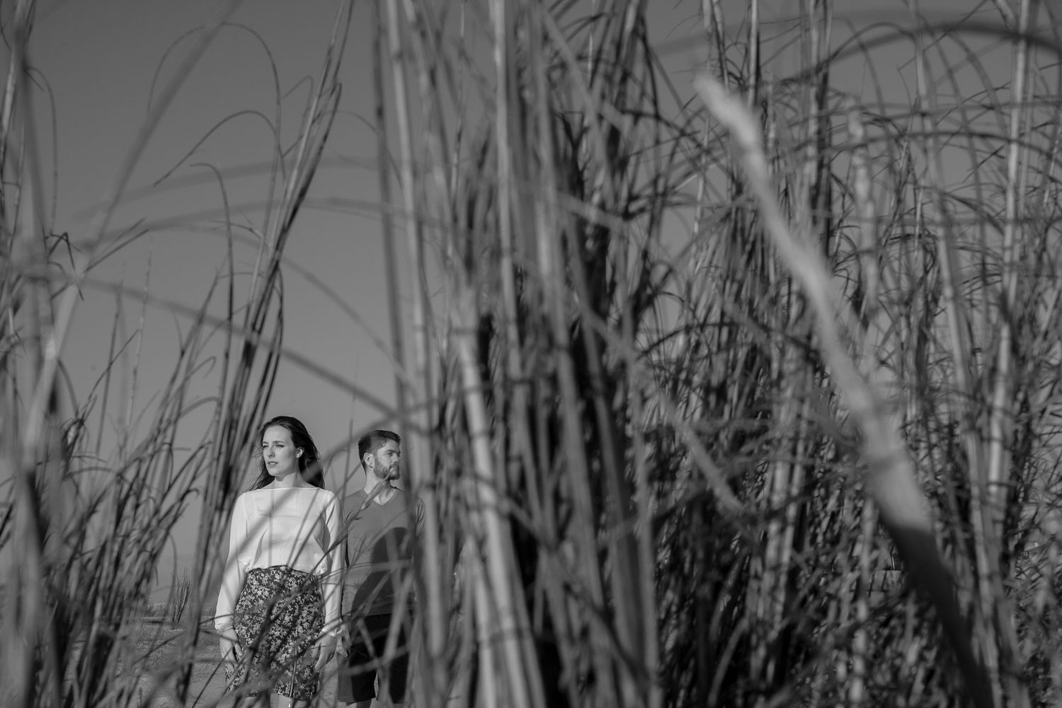 A black and white photo of a couple standing among tall grass and reeds.