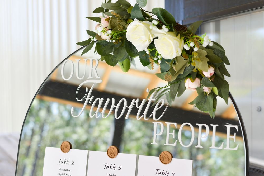 Wedding reception seating chart displayed with elegant floral arrangements and table assignments in white frames.