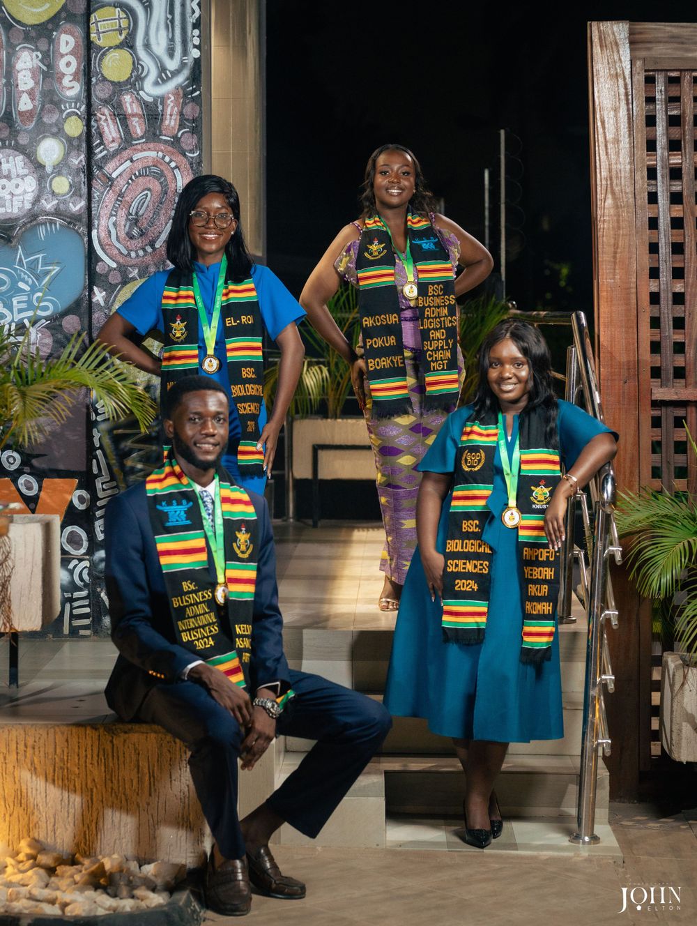 Graduation photo series showing joyful poses in blue academic regalia with traditional kente stole.