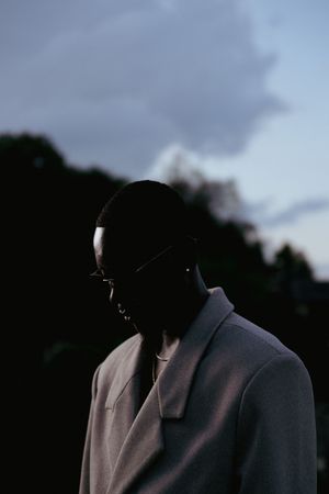 A silhouetted figure in a dark suit stands against a moody cloudy sky at dusk.