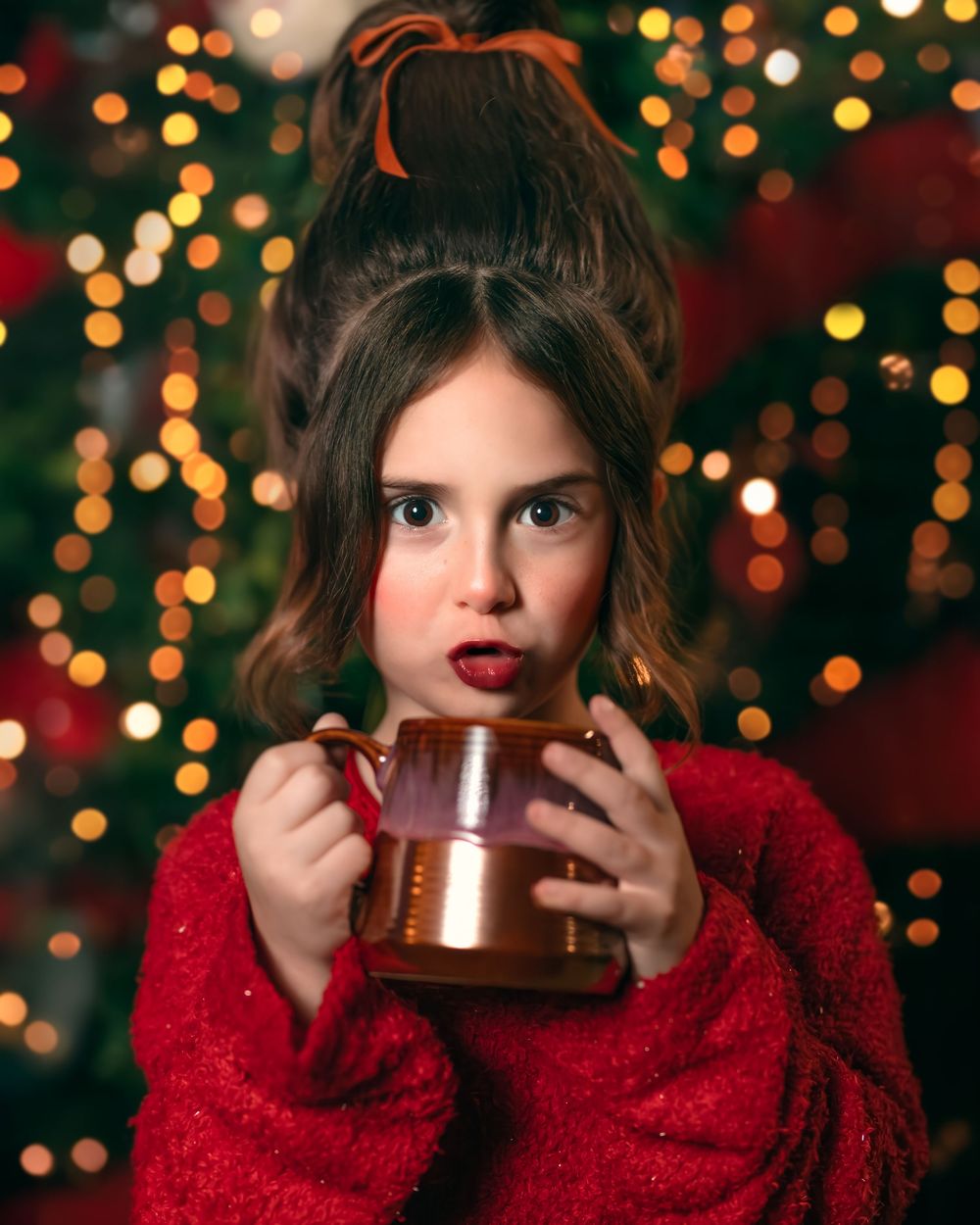 A portrait of a girl dressed as Cindy Lou posing during Christmas Season.