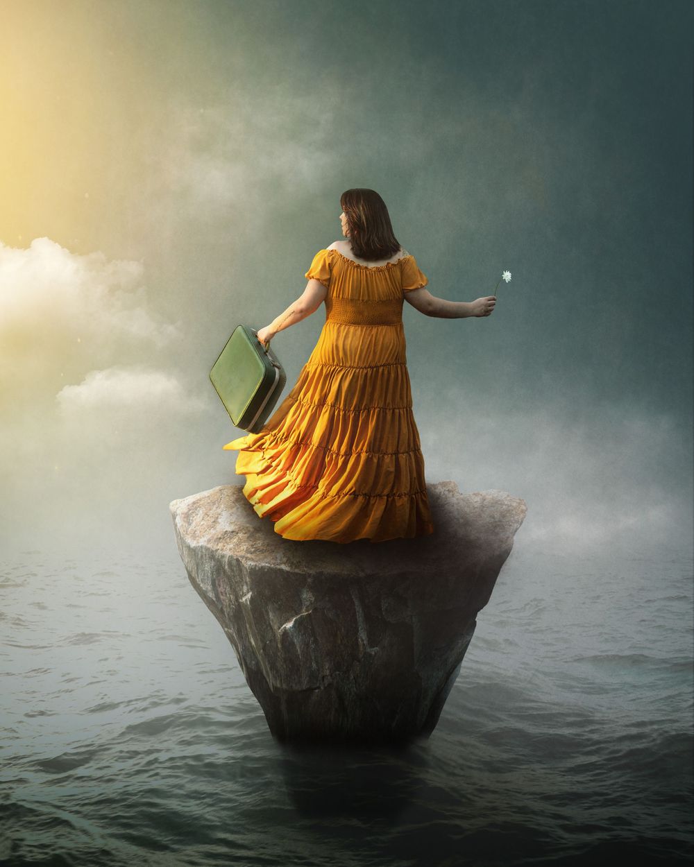 A composite photo a girl's adventure similar to the tarot card "the fool"