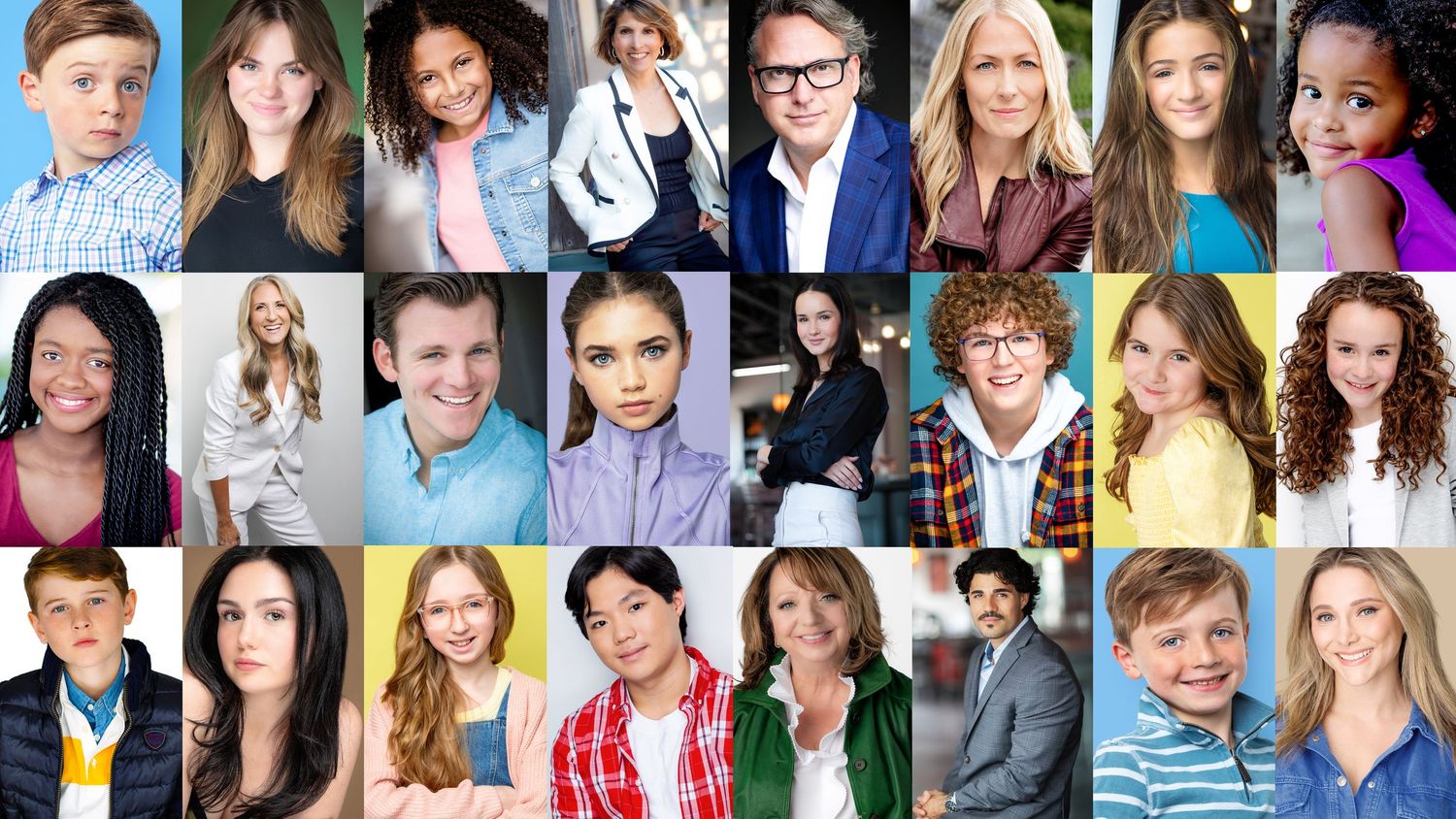 Collection of professional headshots arranged in a colorful grid pattern.