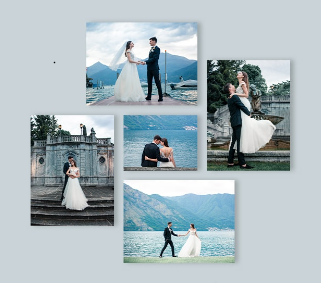 Beautiful wedding photo collage featuring scenic mountain landscapes and elegant architectural backgrounds.