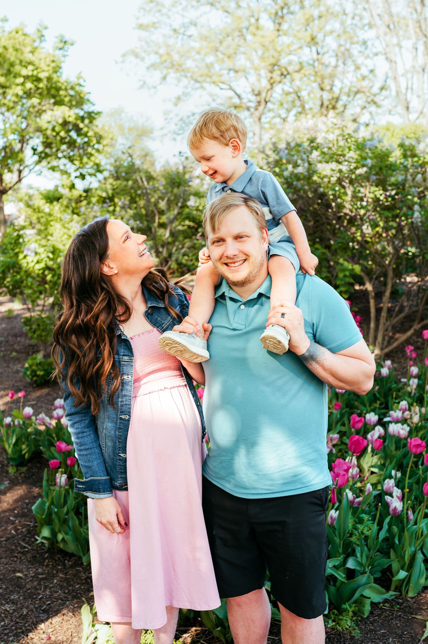 Pregnant mother and father with toddler son on shoulders laughing in colorful tulip garden.