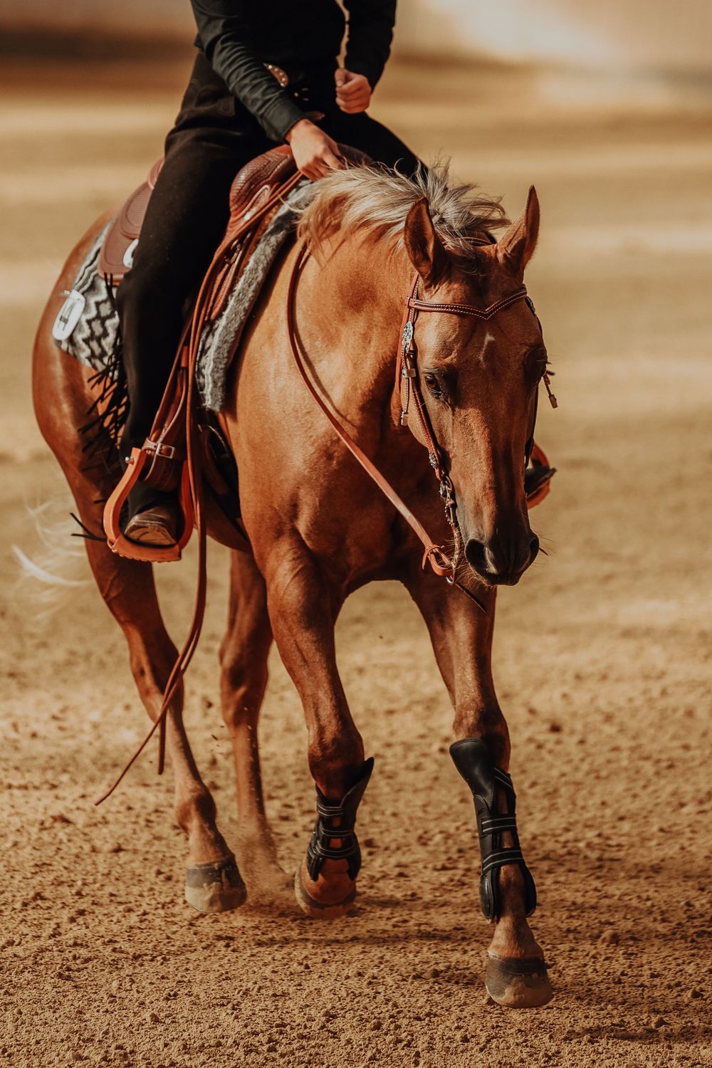 A chestnut horse and rider performing western riding movements on a dirt arena in warm golden light.