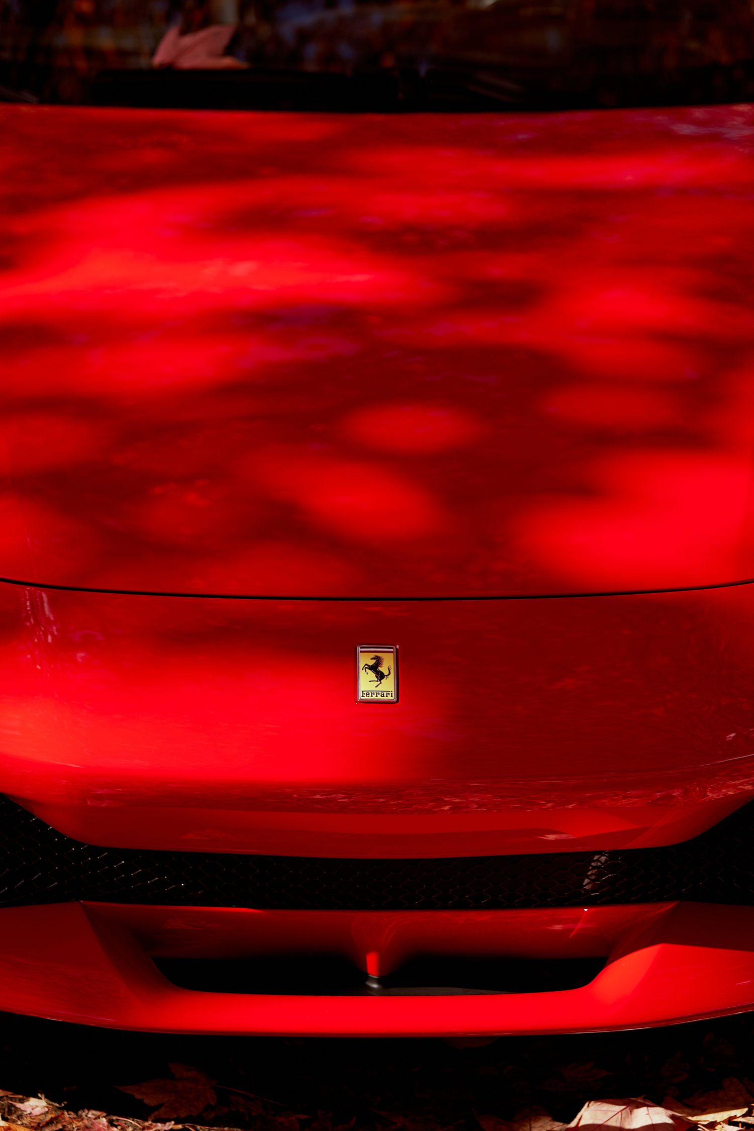 Close-up of a red Ferrari sports car front hood with iconic prancing horse badge.