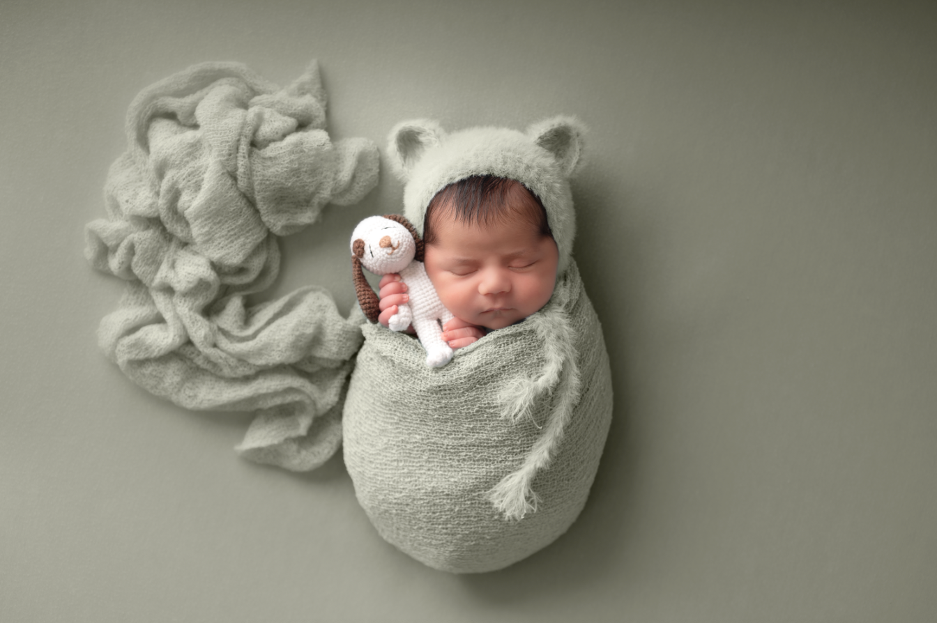Newborn baby swaddled in sage green wrap wearing bear bonnet, holding tiny stuffed animal on green backdrop. Embracing Life’s Beauty