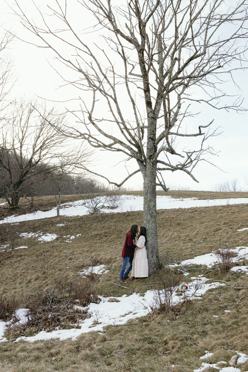 A bare tree stands on a snowy hillside while two figures embrace in the distance. Castle  Ladyhawke Wedding Photographer