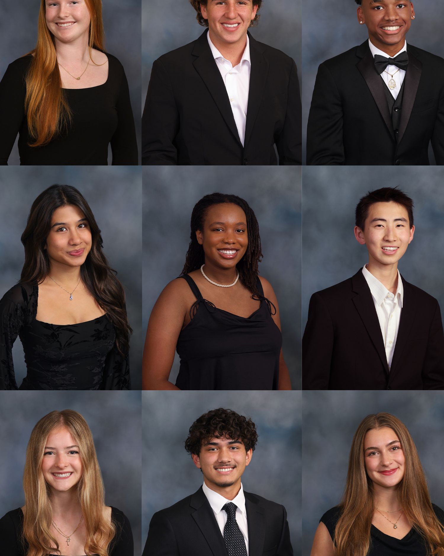Professional portrait collage of nine high school or college students in formal attire against gray backgrounds.