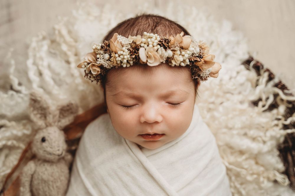 posed newborn photo, cream newborn photography, aerial newborn shot, newborn with flower headband, newborn photographer Nelson