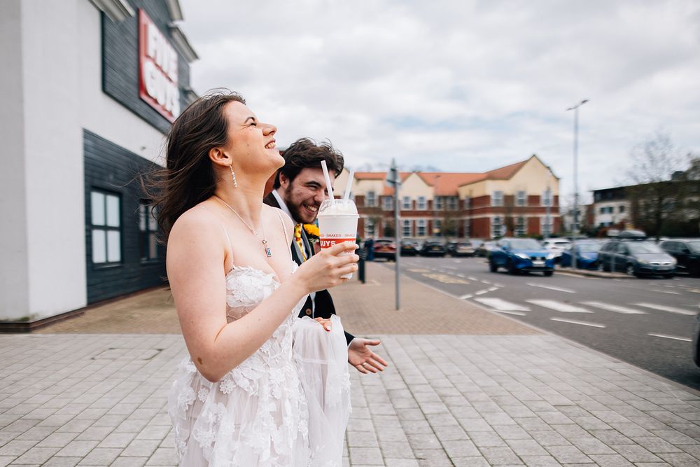A series of connected photos showing a person enjoying an ice cream cone outdoors on a cloudy day.