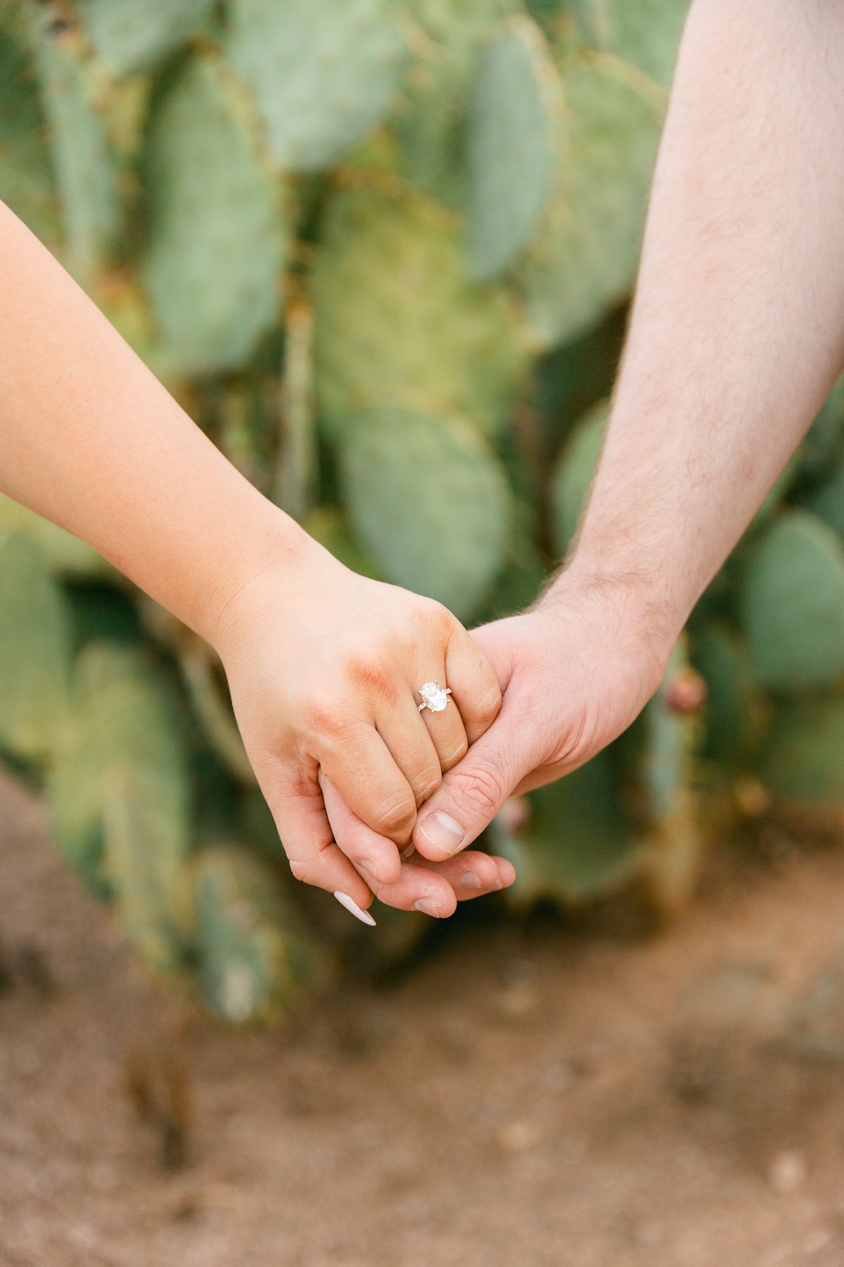 There are two hands holding each other. One has an engagement ring and there's a cactus in the background