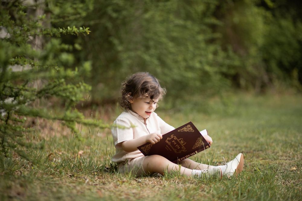A small child in a white shirt sits reading a book on the grass in a sunny garden setting.