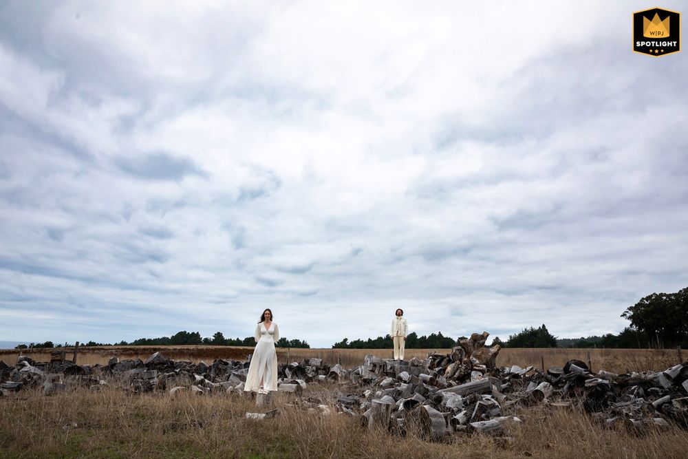 Bride and groom share a serious moment during their wedding portrait on tree stumps— relaxed lifestyle photography in Mendocino.