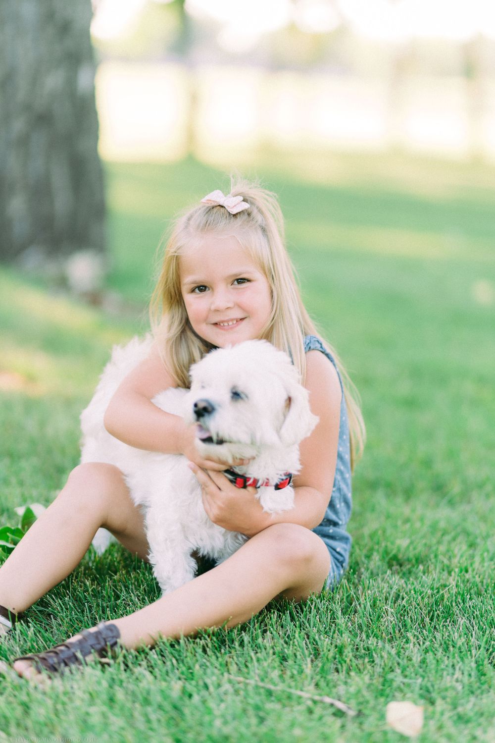 A young child sits on grass hugging a small white fluffy dog.