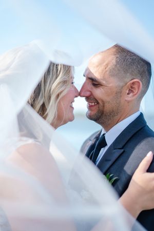 A couple embracing.