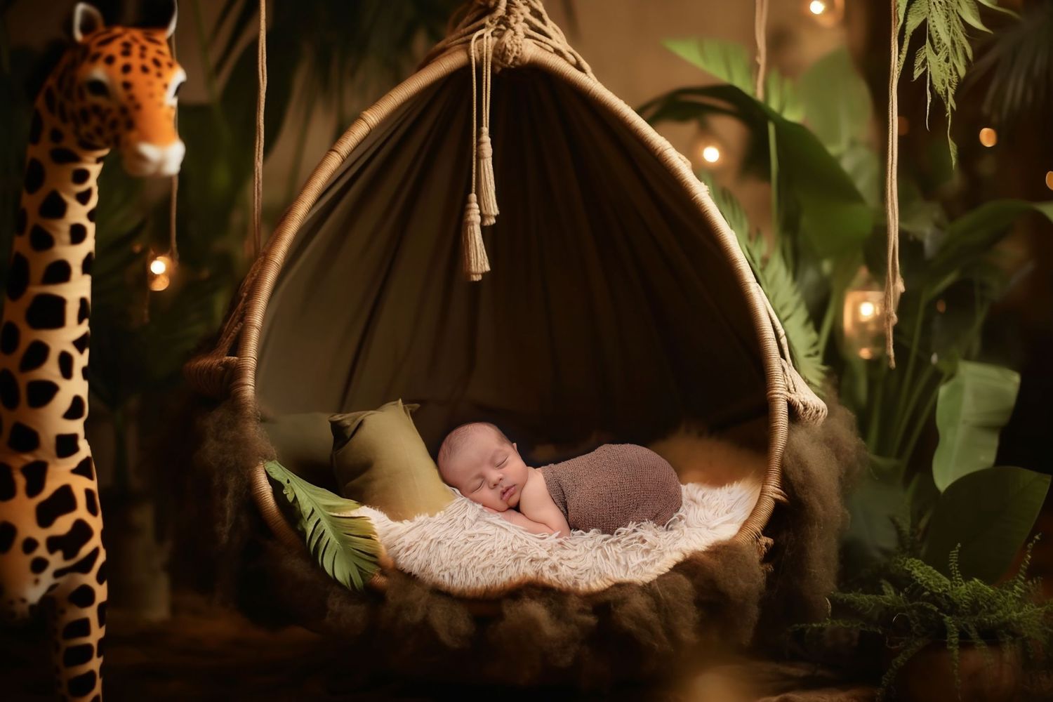 Jungle-themed nursery setup with hanging bassinet, soft lighting, and giraffe decorations.
