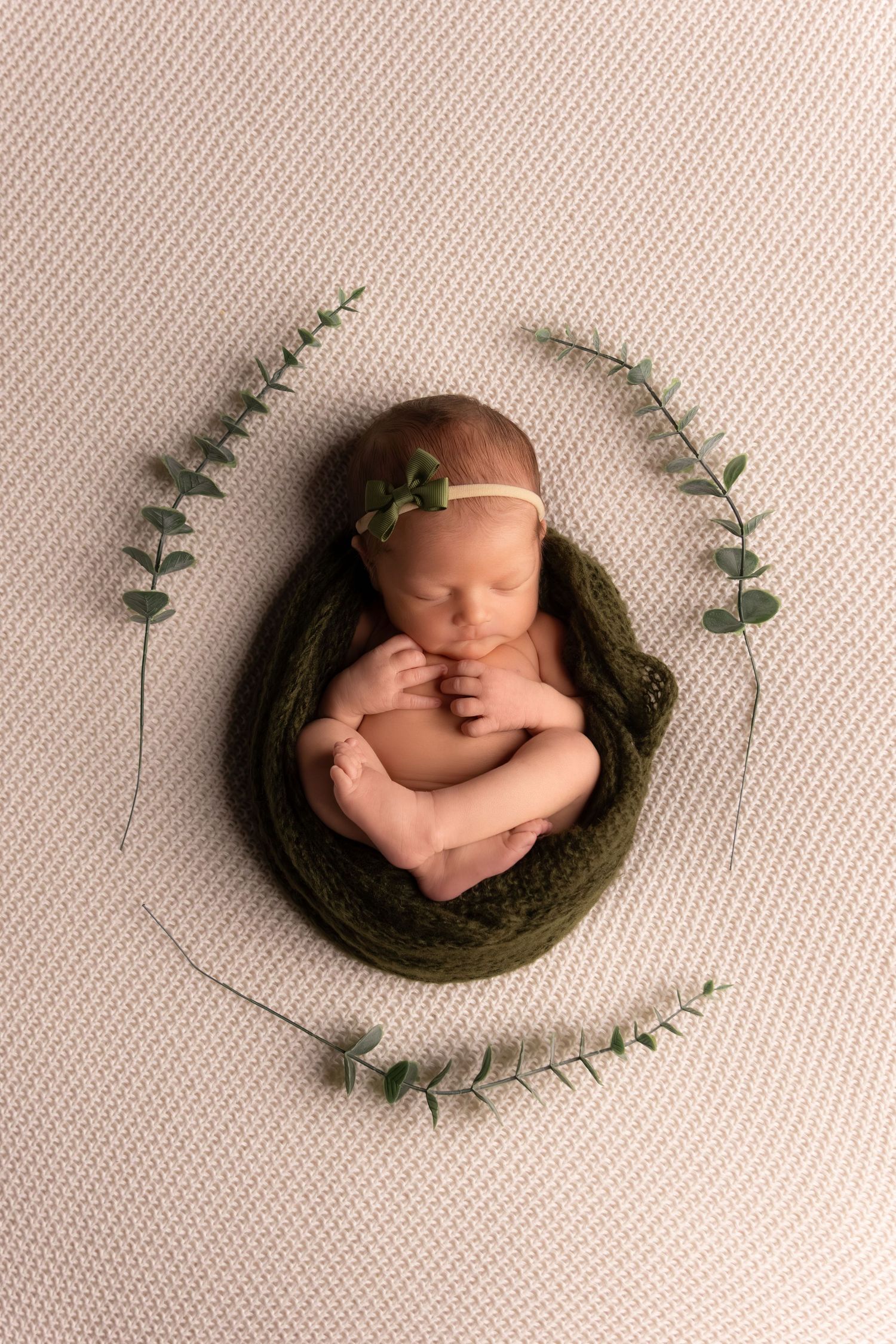 Newborn photography with delicate eucalyptus leaves arranged around a dark circular nest on textured cream backdrop.