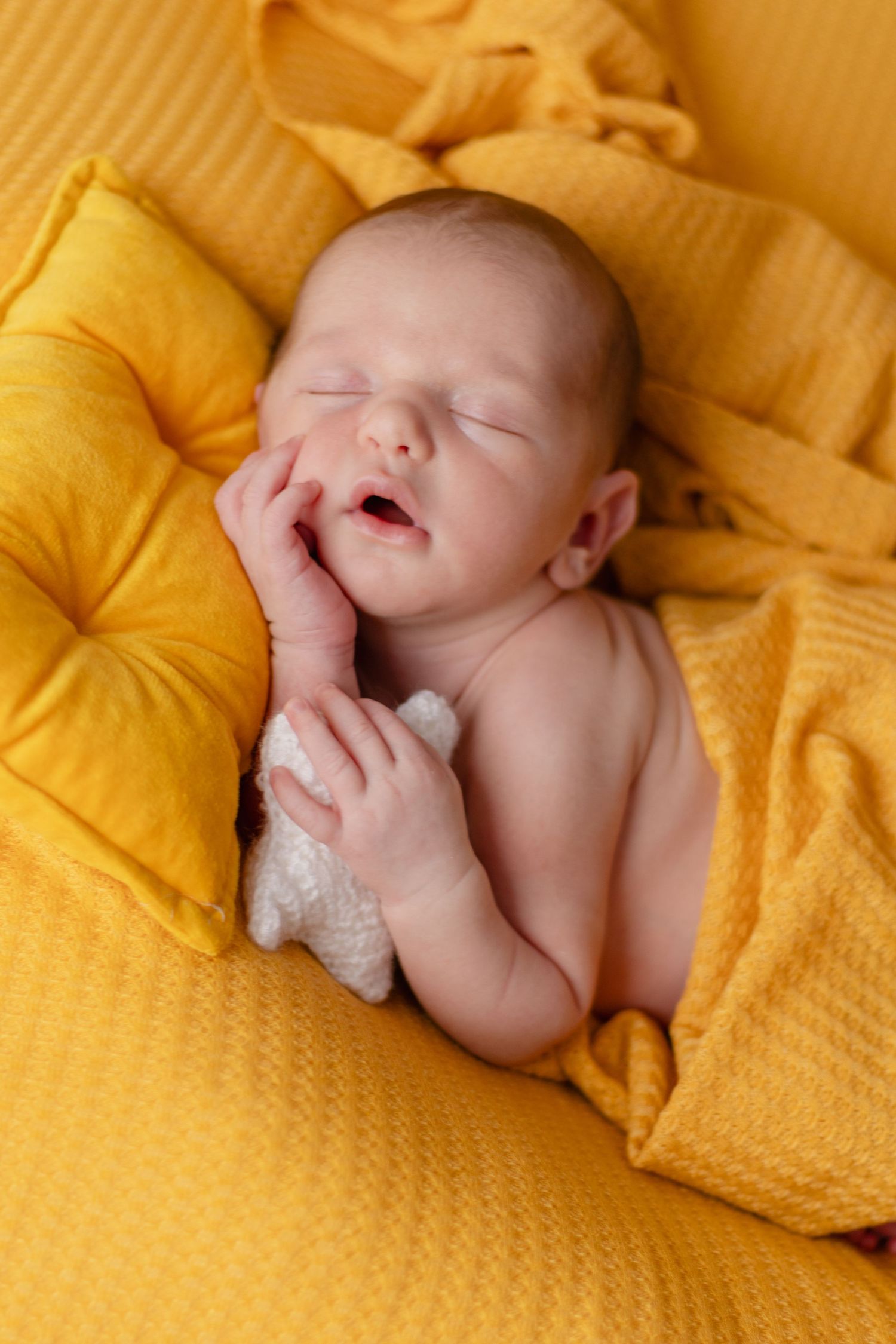 Sleeping newborn baby on textured yellow bedding during professional photo session.