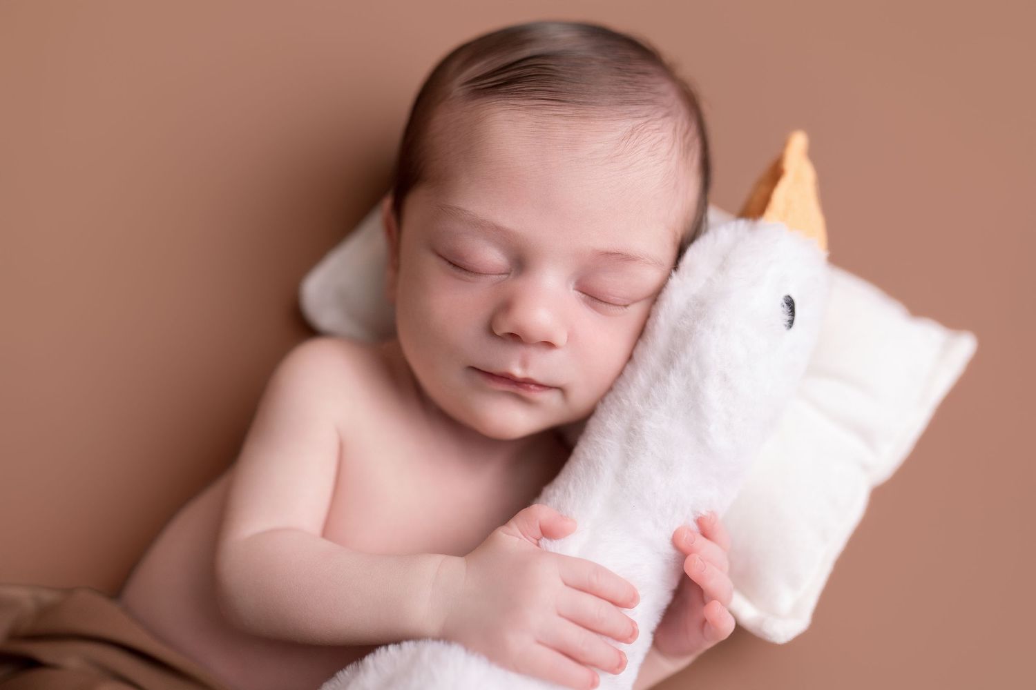 Sleeping newborn baby cuddling a white unicorn stuffed animal on a brown background.