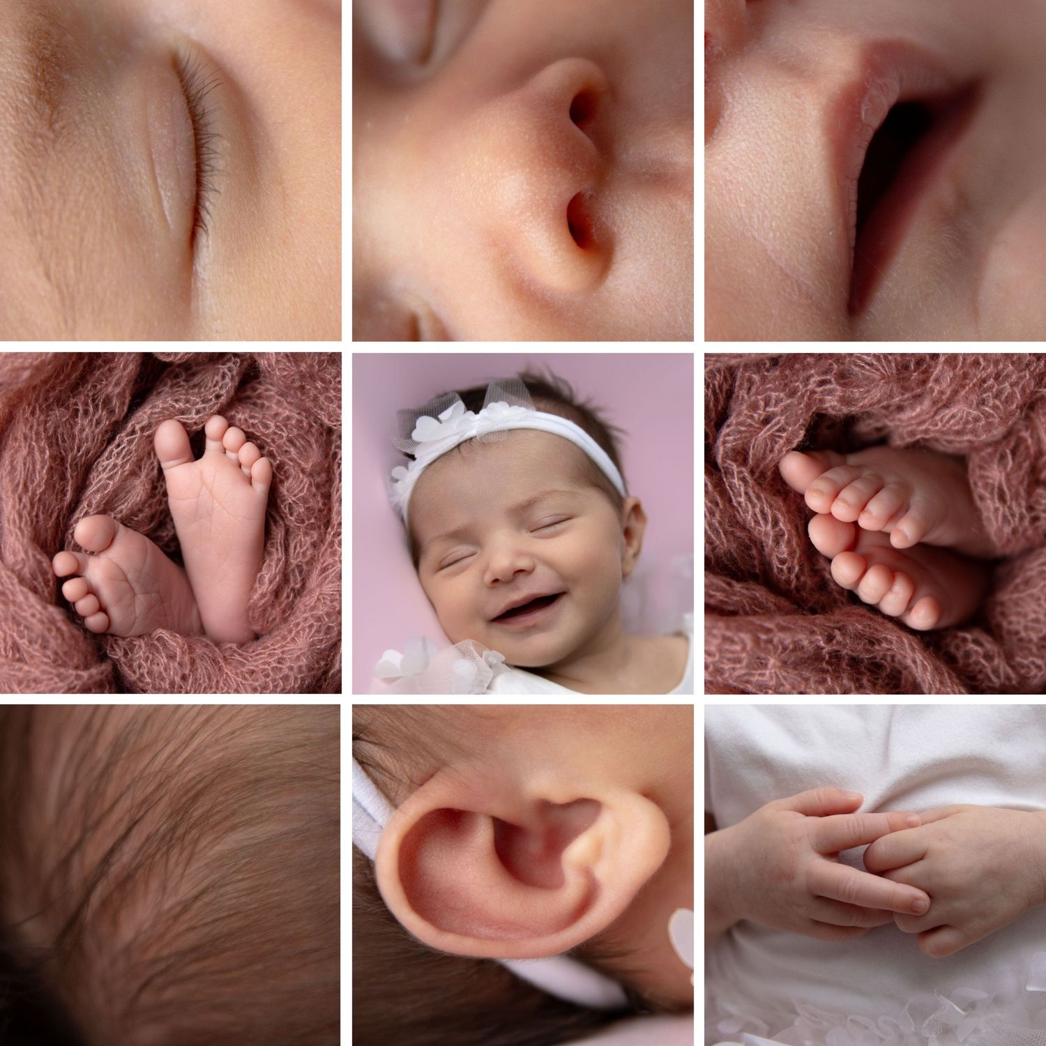 Coleção de fotografias macro em close-up de detalhes de bebê recém-nascido, incluindo dedinhos, orelhas e traços delicados.