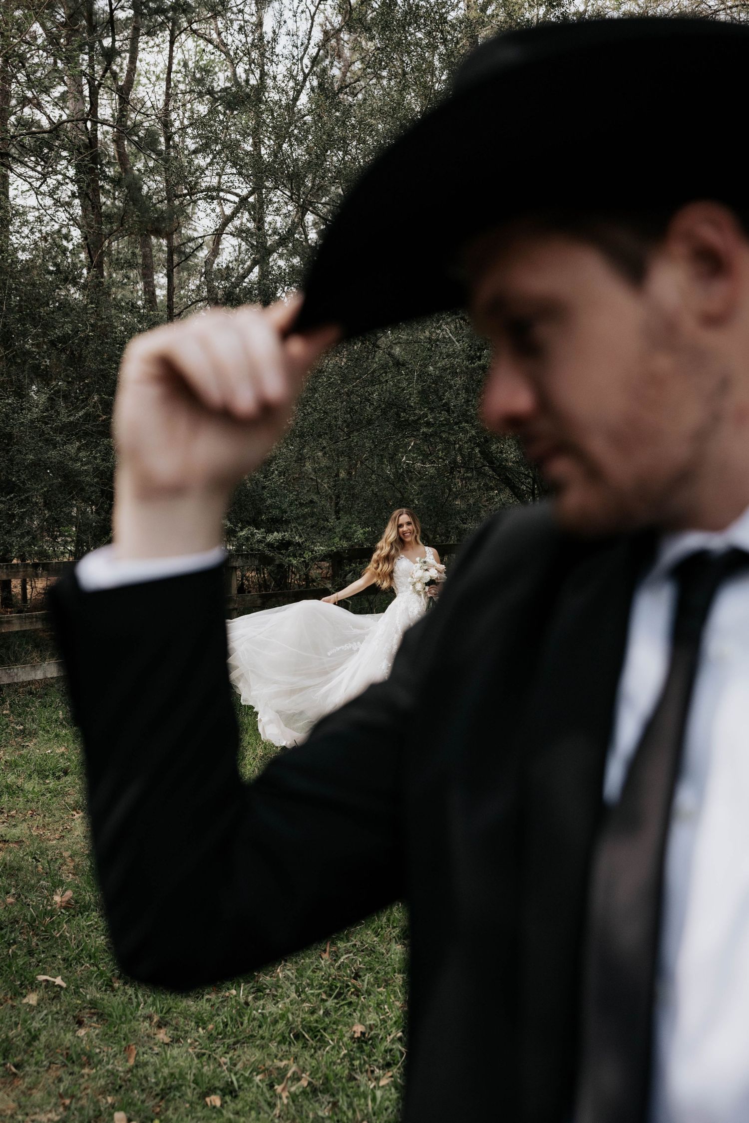 A sequence of wedding photos showing a bride in a white dress and groom in black suit in a forest setting.