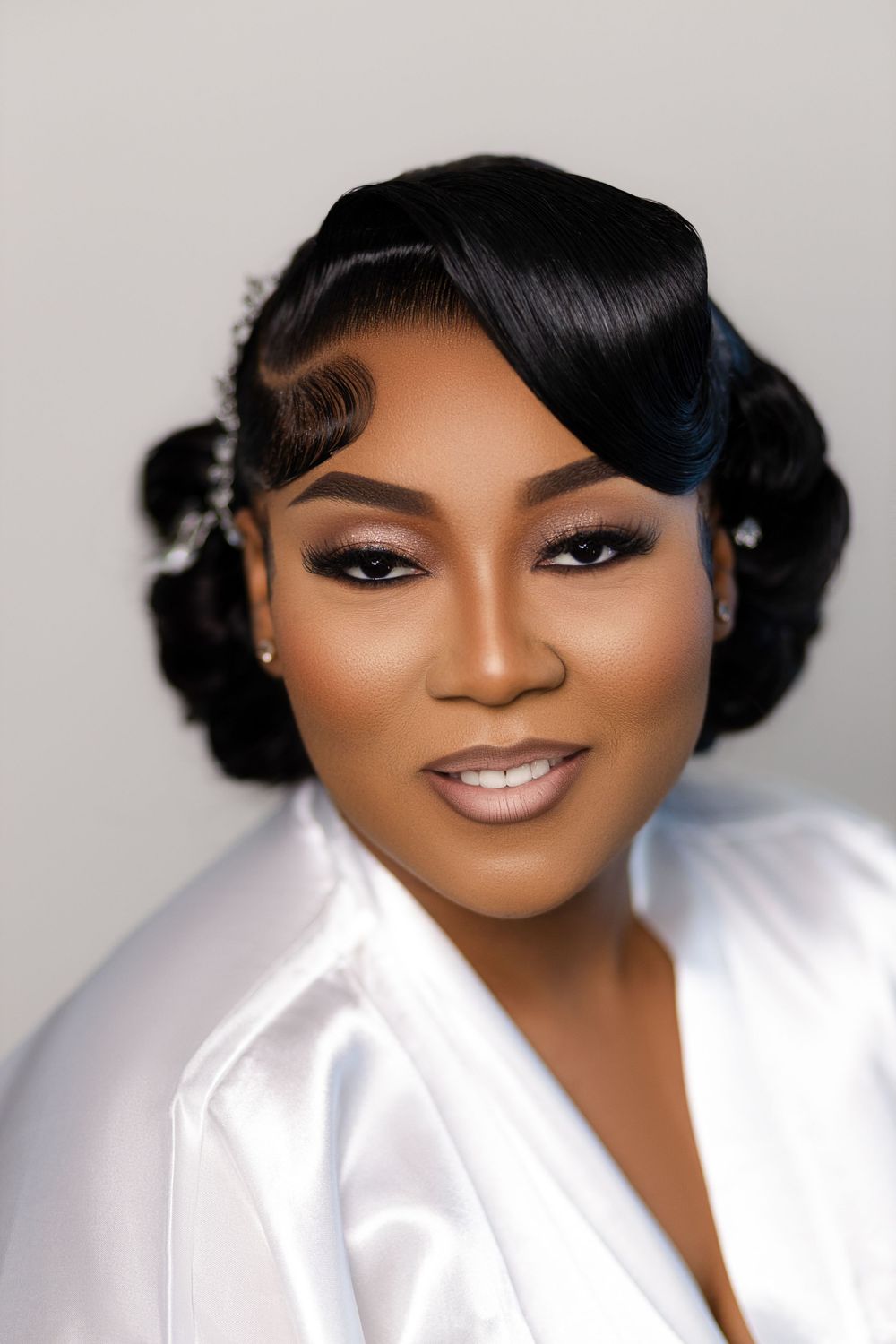 Beautiful portrait of someone wearing a white satin robe with glamorous makeup and vintage-style pin curls hairstyle.
