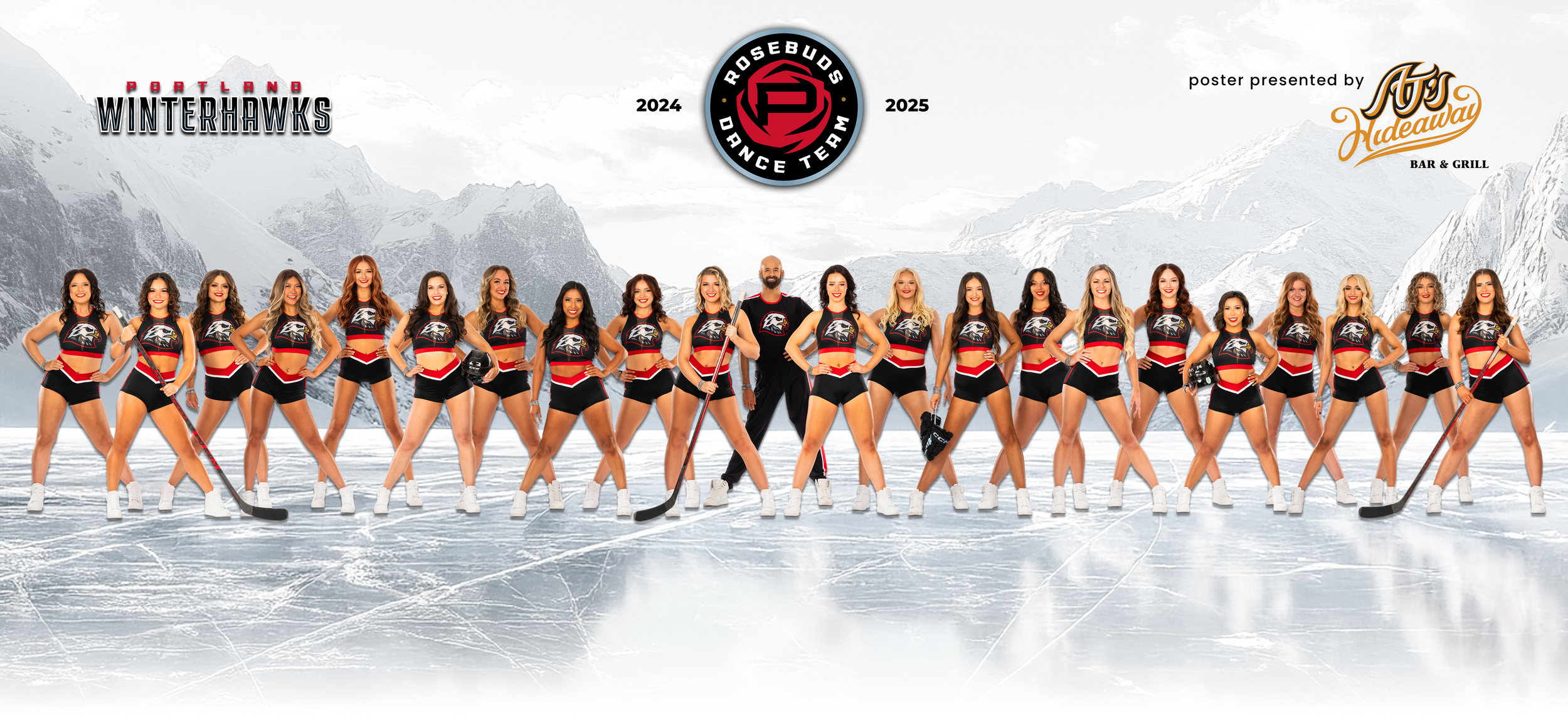 Portland Winterhawks dance team posing on an icy backdrop for the 2024-2025 season – professional sports dance photography in Oregon.