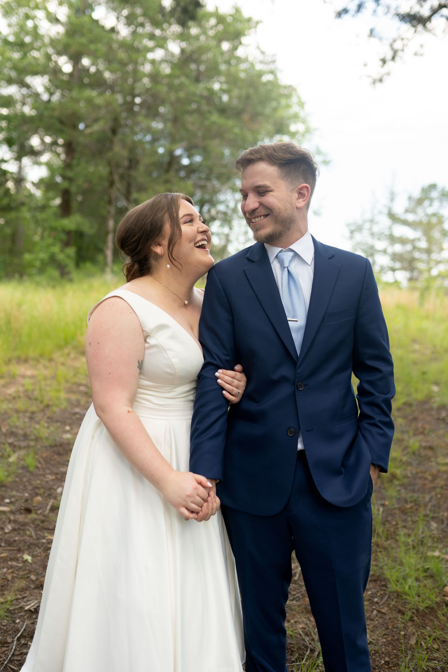 A sequence of romantic wedding moments captured in a natural outdoor setting.