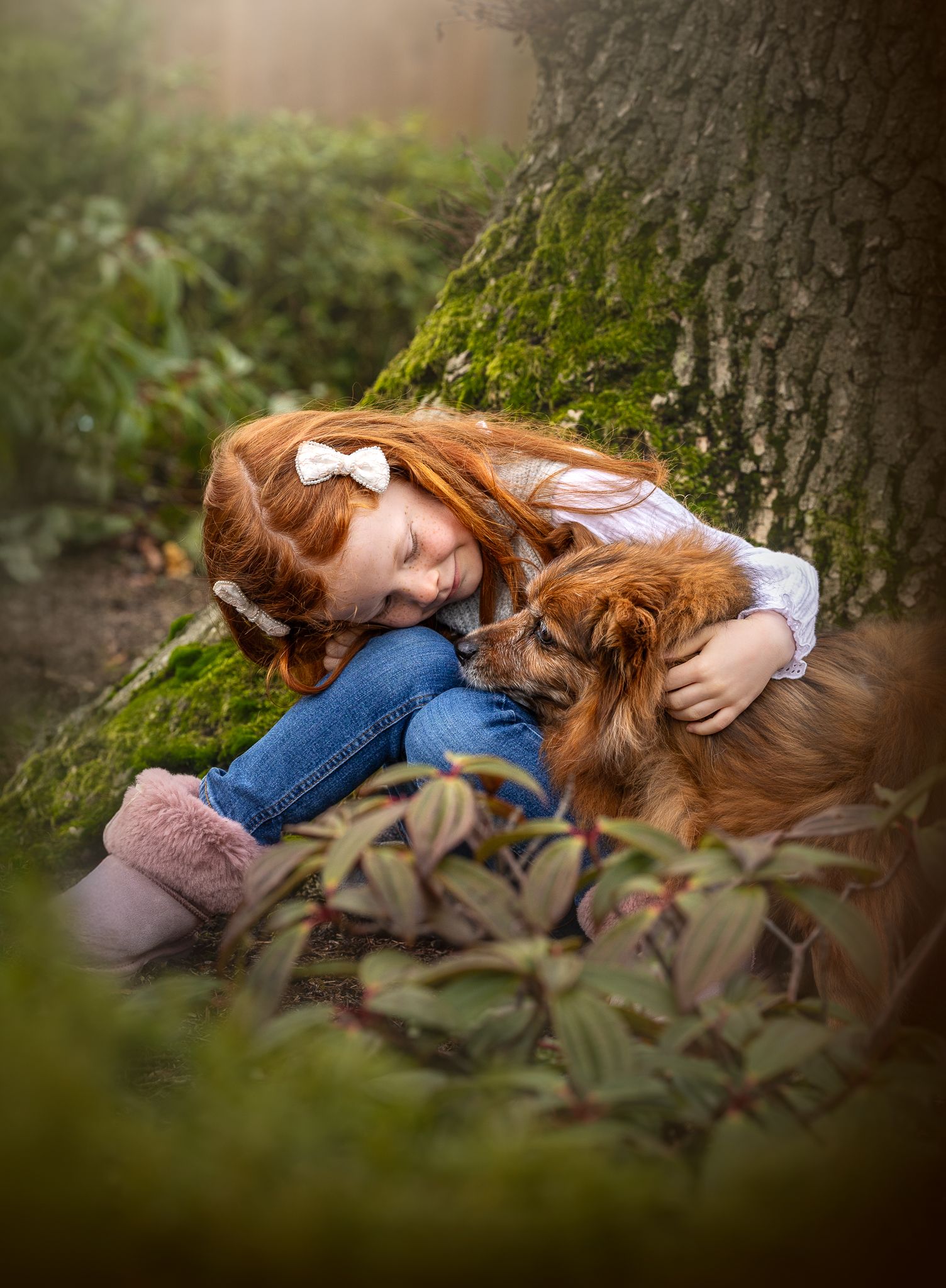 sweet child with elderley dog
