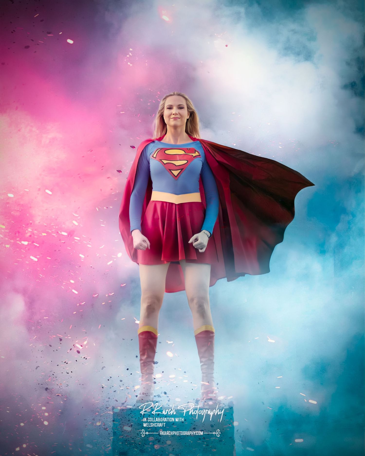 A dreamy superhero-themed photoshoot with dramatic lighting and fog effects creating a mystical atmosphere.