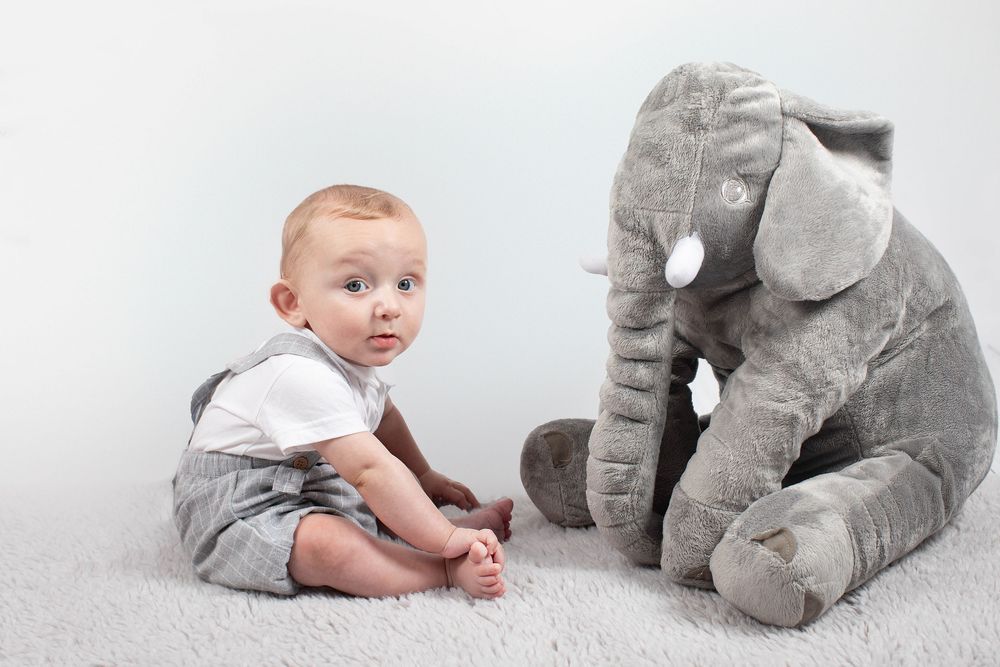 Sweet baby boy sitting beside large grey elephant stuffed animal on white carpet in studio.