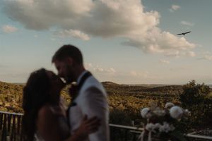 A romantic silhouette against a sunset desert landscape with a bird soaring in the cloudy sky.