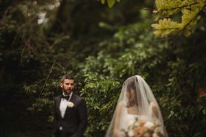A wedding moment captured in a lush garden setting with a bride in a flowing veil and groom in classic tuxedo.