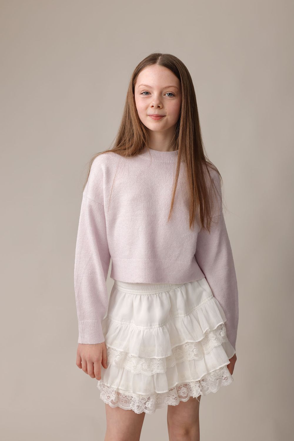 Girl in pink top and white skirt, full length:
Child model portfolio update full length portrait of a young girl, Abigail Stewart Photograph