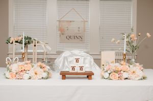 Elegant wedding decor collection featuring blush roses, white candles, and personalized name signs in a rustic style.