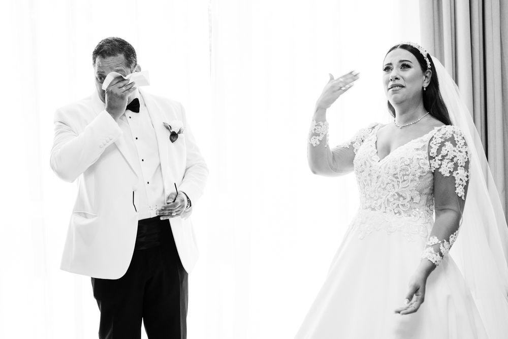 Split image shows emotional reactions during a first look wedding moment.