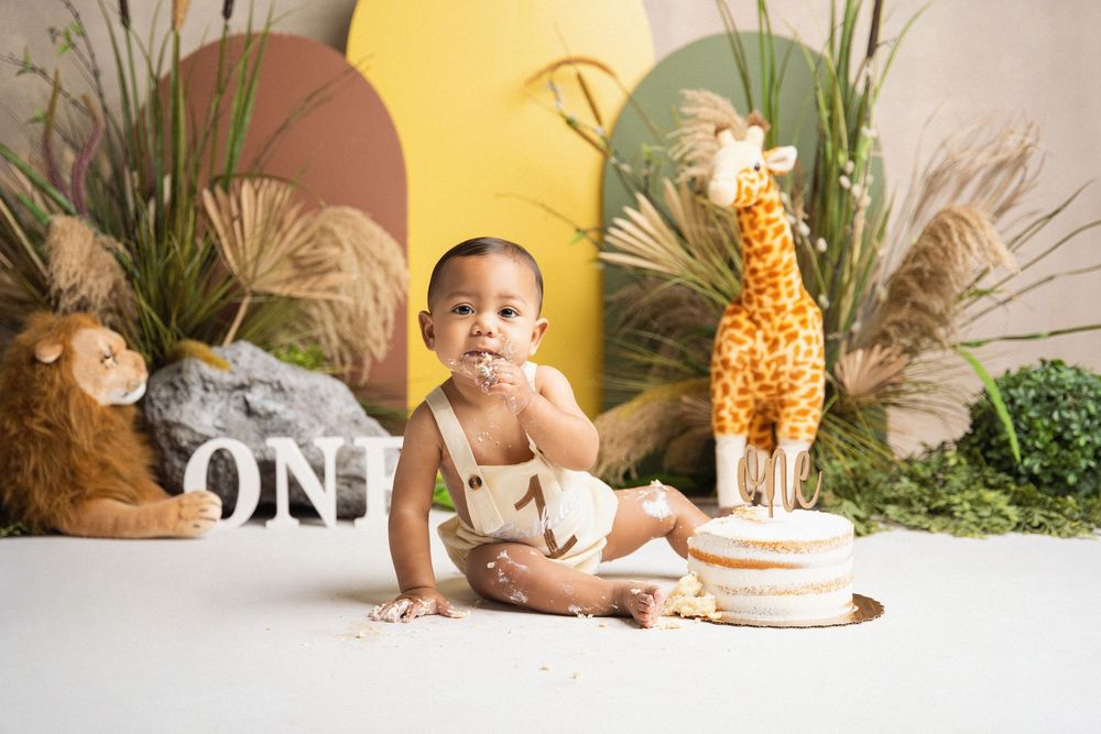Miami Maternity photographer Safari-themed first birthday setup with plush animals, greenery and decorative number one against yellow wall.
