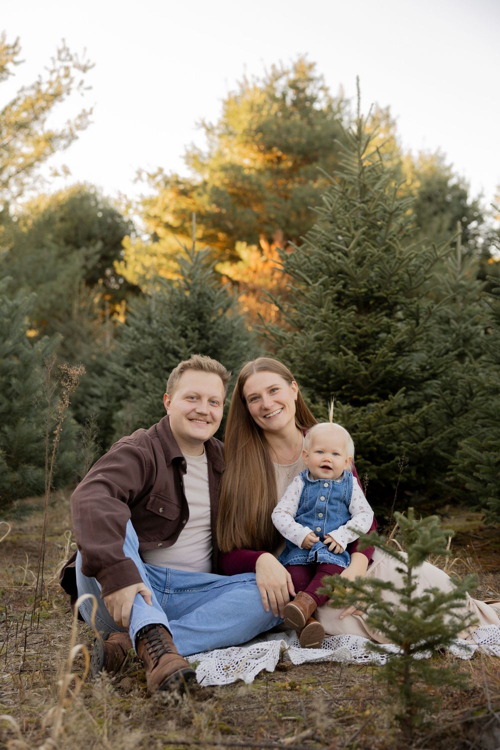 Family sitting together on evergreen tree farm during autumn golden hour photo session in lake Orion Rochester michigan