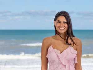 A collection of beach lifestyle photos showing a pink dress against ocean waves and blue sky backgrounds.