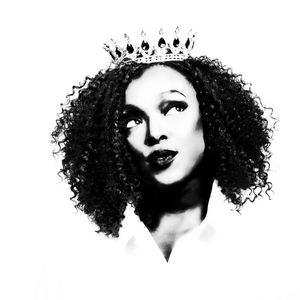 Black and white artistic portrait series showing dramatic poses with curly hair and bold red lips against dark background.